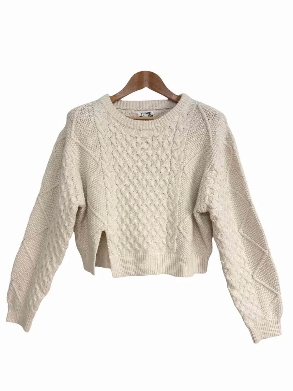 Future Collective Reese Blutstein Cropped Cable Knit Sweater White Cream Large